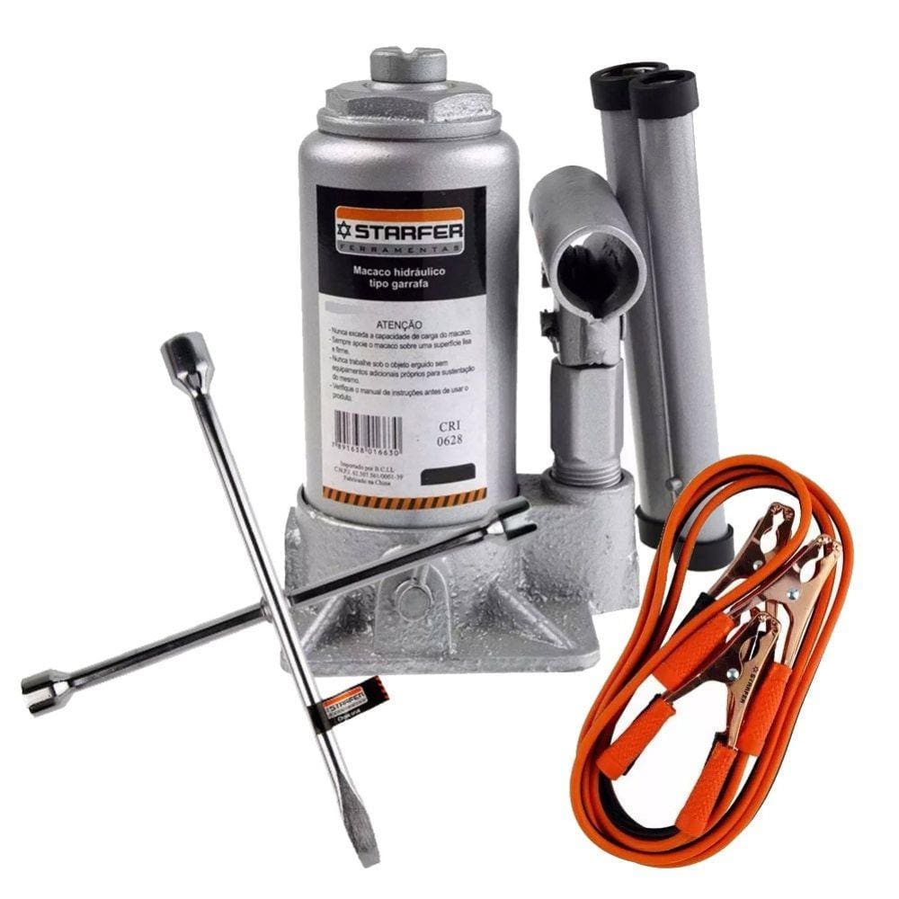 Kit Macaco Hidráulico Garrafa 6t Chave Roda e Cabo Bateria