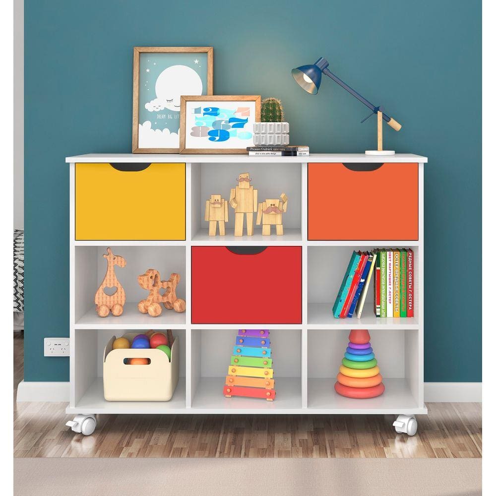 Nicho Organizador 108 x 83 cms com 3 Gavetas Coloridas e Rodízios Qmovi