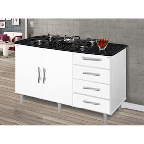 Balcao Para Cooktop 05 Bocas com 02 Portas e 04 Gavetas Canada - Branco/Marmore