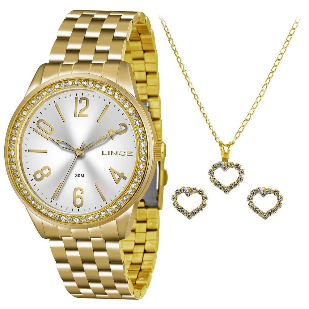 Kit Relogio Lince Feminino Lrg4338l Kt03 Dourado Analogico