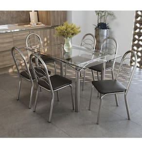 Conjunto de Mesa Tampo Vidro Elba com 6 Cadeiras Holanda Crome Kappesberg Cromado/Preto