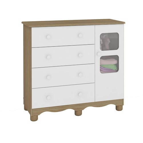 imagem-Cômoda de Bebê 1 Porta 4 Gavetas Uli Móveis Peroba Branco Brilho/Carvalho