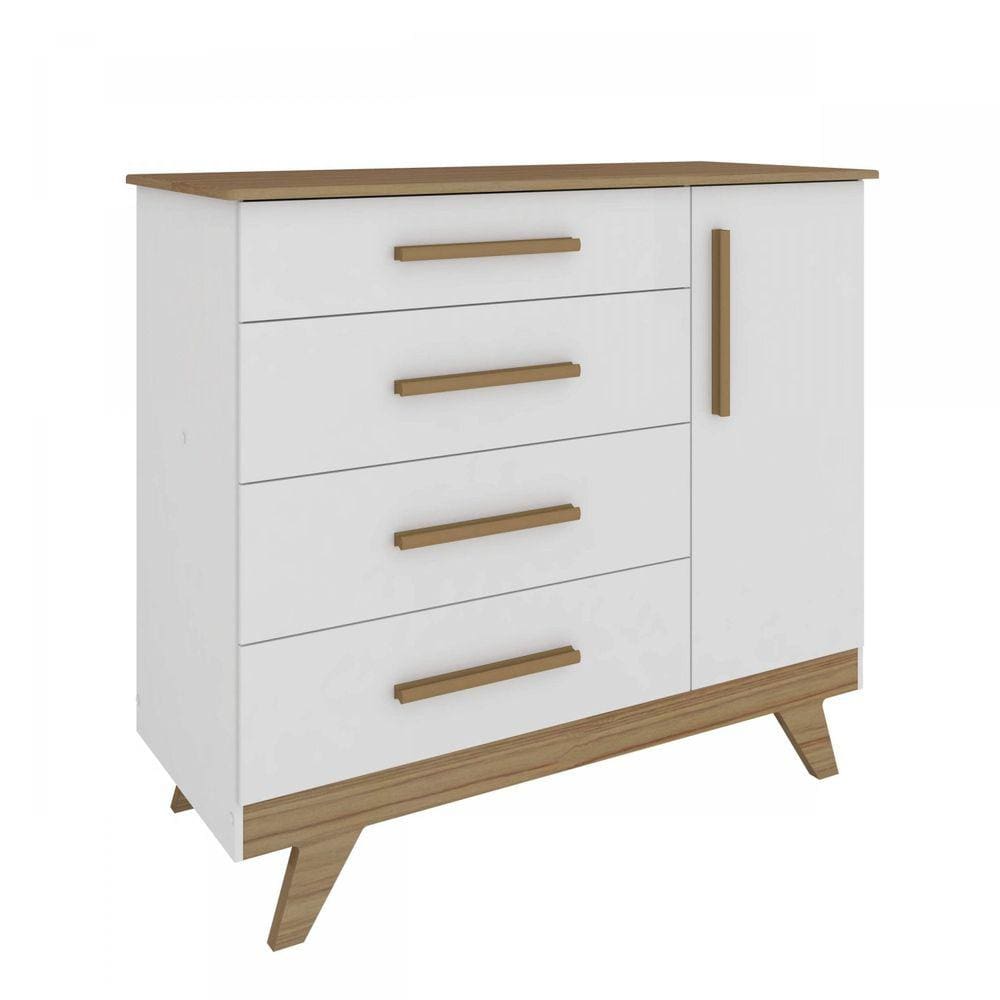 Cômoda de Bebê 1 Porta 4 Gavetas Retrô Móveis Peroba Branco Brilho/Carvalho