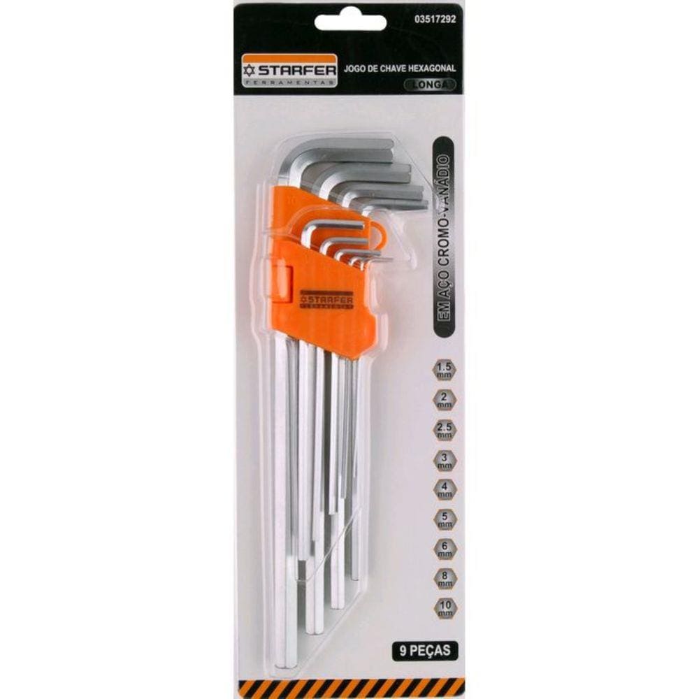 Chave hexagonal longa com 9 peças STARFER 1,5 a 10 mm Allen