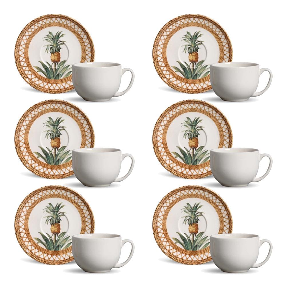 Conjunto de Xícaras de Chá Porto Brasil Coup Pineapple Natural em Faiança Feldspática 260 ml - 6 Peças