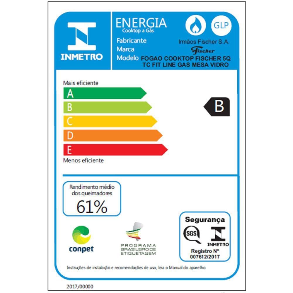 Cooktop 5 Bocas a Gás Tripla Chama Fit Line Fischer Bivolt Preto