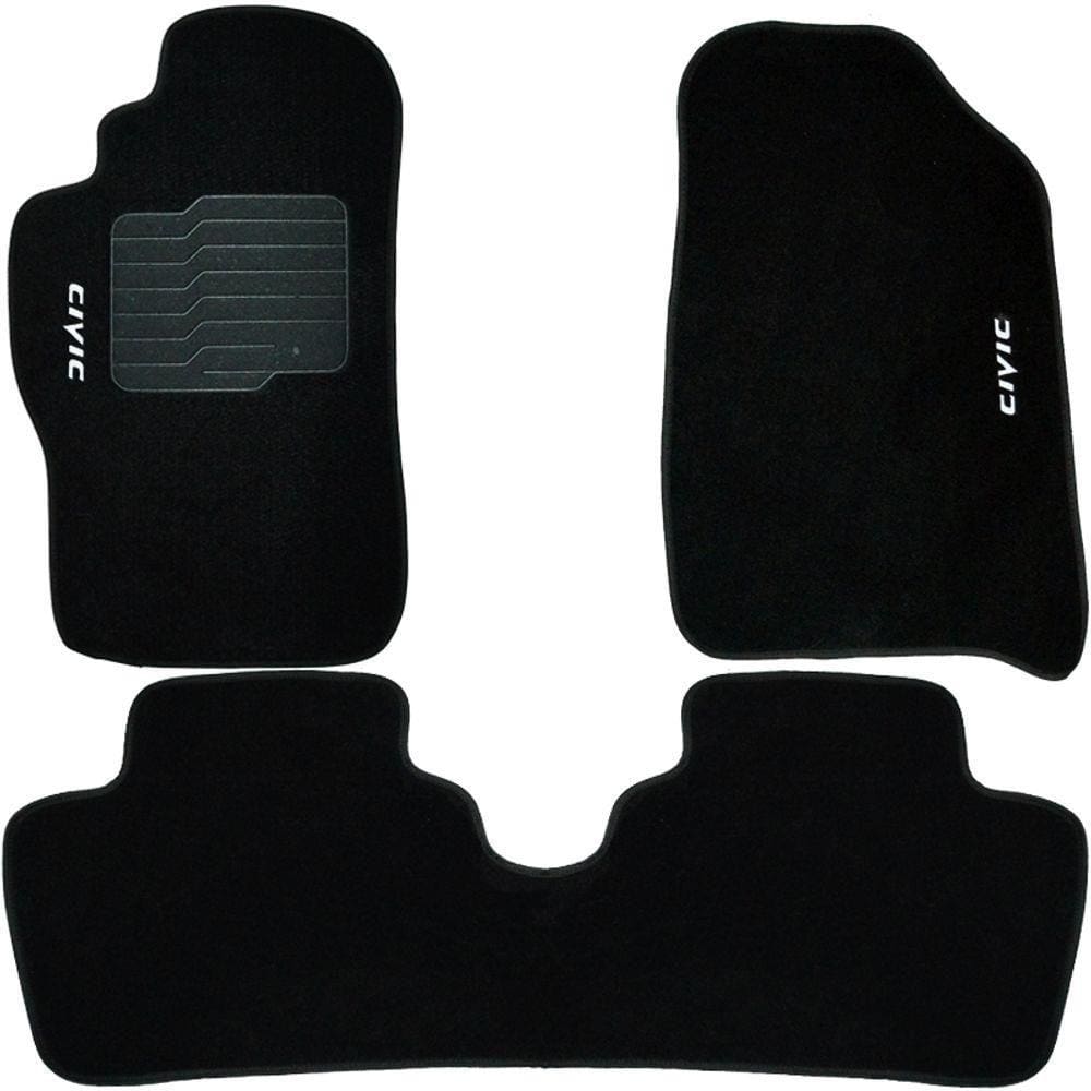 Jogo de Tapete Automotivo Carpete Honda Civic 2001 à 2006 Soft Logo Bordado Preto 3 Peças