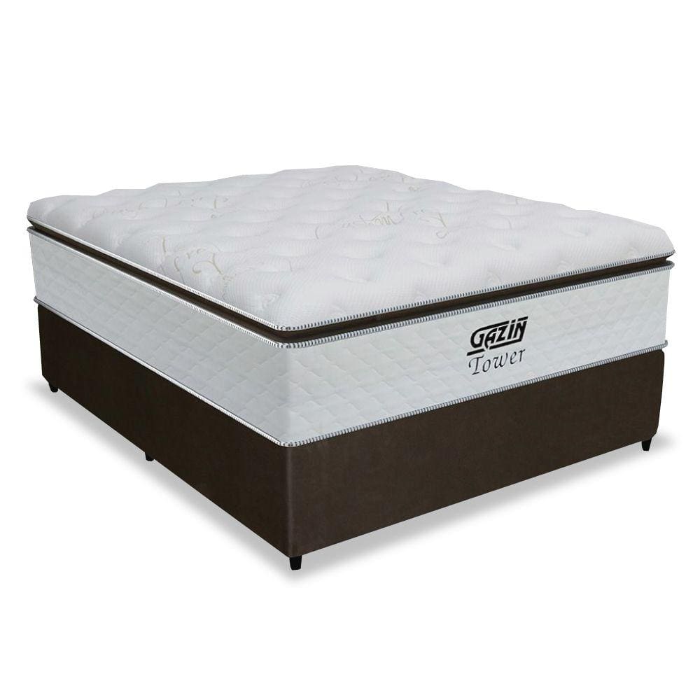 Cama Box Casal Colchão Molas Ensacadas Tower Gazin 138x188x72cm Branco / Marrom