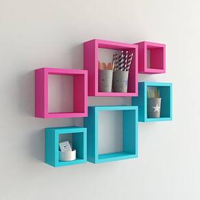 Nicho Decorativo Mdf Kit 6 Unidades - Cor Azul E Rosa