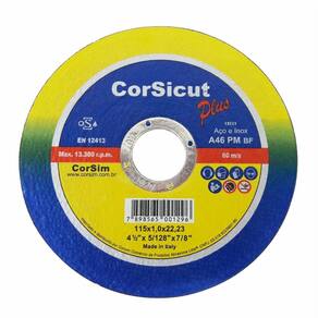 Disco de Corte CorSicut Plus Diâmetro 115mm Furo 22mm Espessura 1mm Aço e Aço inox Made in Italy (Grande)