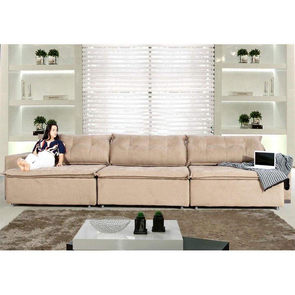 Sofá Austrália 3,82 Mts Retrátil e Reclinavel com Molas no Assento Tecido Suede Pluma - Moveis Marfim