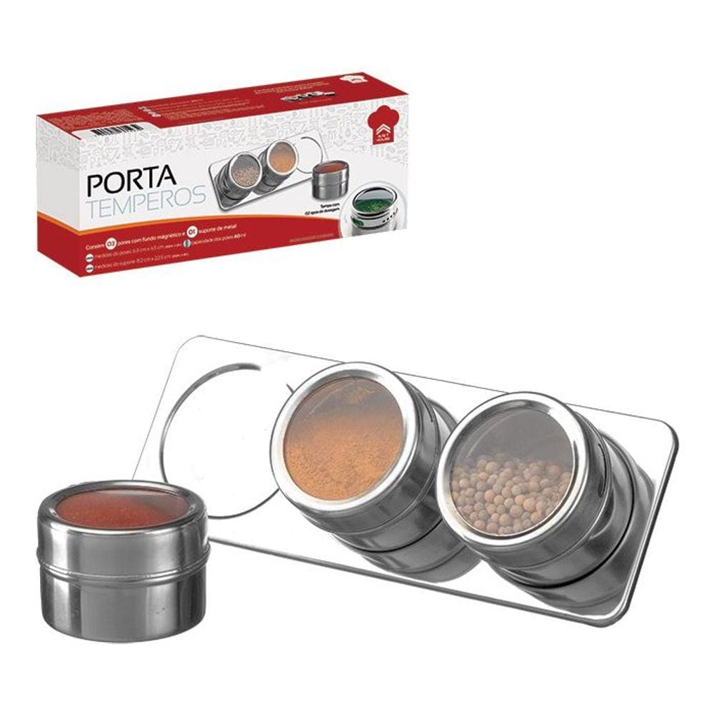 Porta Temperos Condimentos com 4 Potes Fundo Magnético