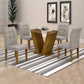 Conjunto Sala de Jantar Mesa Classic Tampo de Vidro 4 Cadeiras Vitória Cel Móveis Ypê/Suede Cinza 90