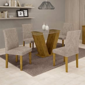 Conjunto Sala de Jantar Mesa Tampo de Vidro e 4 Cadeiras Classic Cel Móveis Ypê/Pena 84