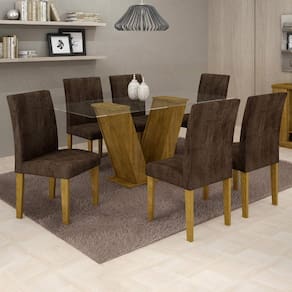 Conjunto Sala de Jantar Mesa Tampo de Vidro 6 Cadeiras Classic Cel Móveis Ypê/Animale Marrom 52