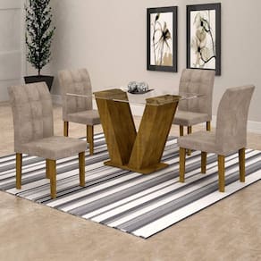 Conjunto Sala de Jantar Mesa Classic Tampo de Vidro 4 Cadeiras Vitória Cel Móveis Ypê/Pena 84