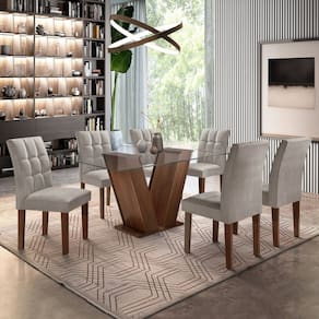 Conjunto Sala de Jantar Mesa Classic Tampo de Vidro 6 Cadeiras Vitória Chocolate/Cinza
