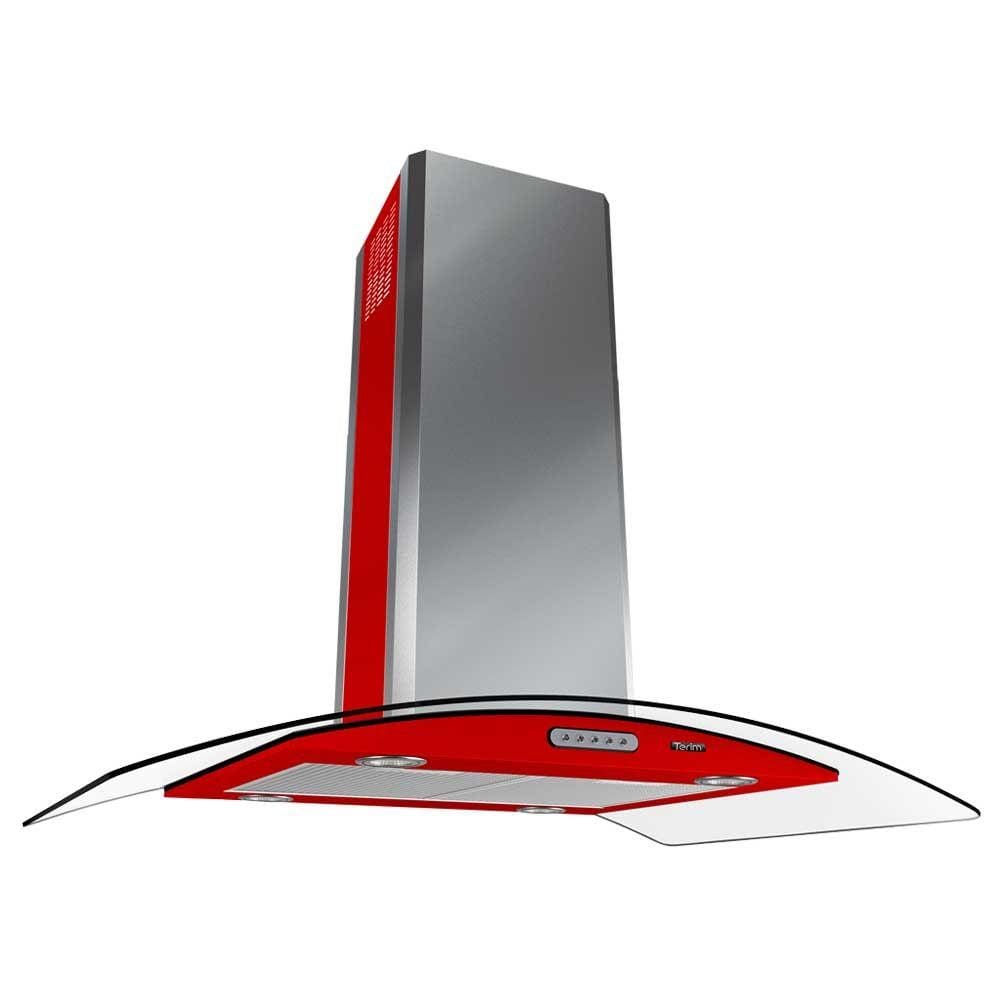 Coifa Ilha Terim 90cm Vidro Curvo Vermelho com Inox
