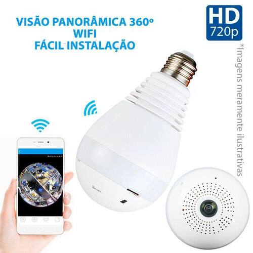 Câmera Lâmpada Panorâmica, 360º, Wifi Sem Fio, HD 720p, Grava em Cartão SD, Microfone e Alto Falante Embutido Menor preço em Câmera Lâmpada Panorâmica, 360º, Wifi Sem Fio, HD 720p, Grava em Cartão SD, Microfone e Alto Falante Embutido