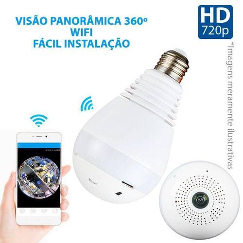 Menor preço em Câmera Lâmpada Panorâmica, 360º, Wifi Sem Fio, HD 720p, Grava em Cartão SD, Microfone e Alto Falante Embutido