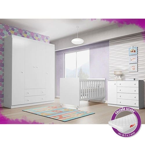 imagem-Jogo De Quarto Ana Helena Com Guarda Roupa 4 Portas + Cômoda + Berço + Colchão Phoenix Baby - BRANCO