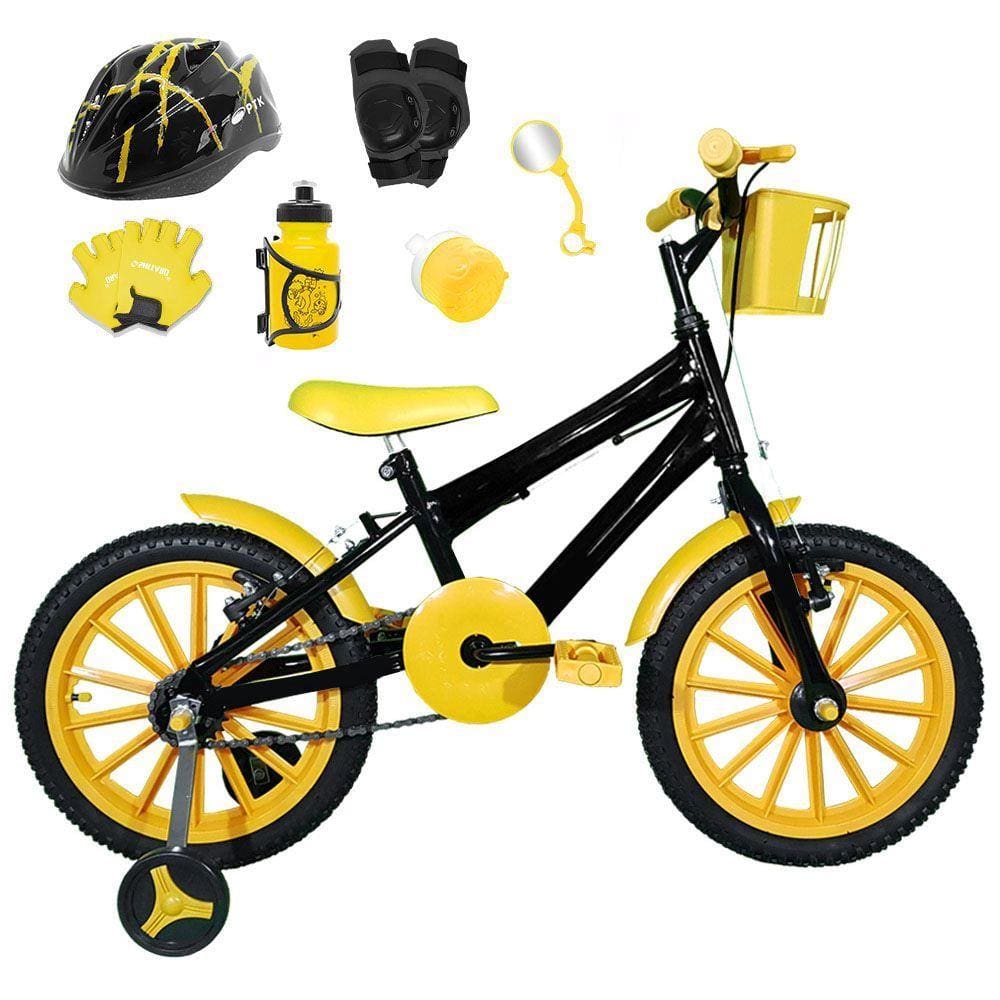 Bicicleta infantil aro 16 preta kit preto c capacete e kit protecao ...