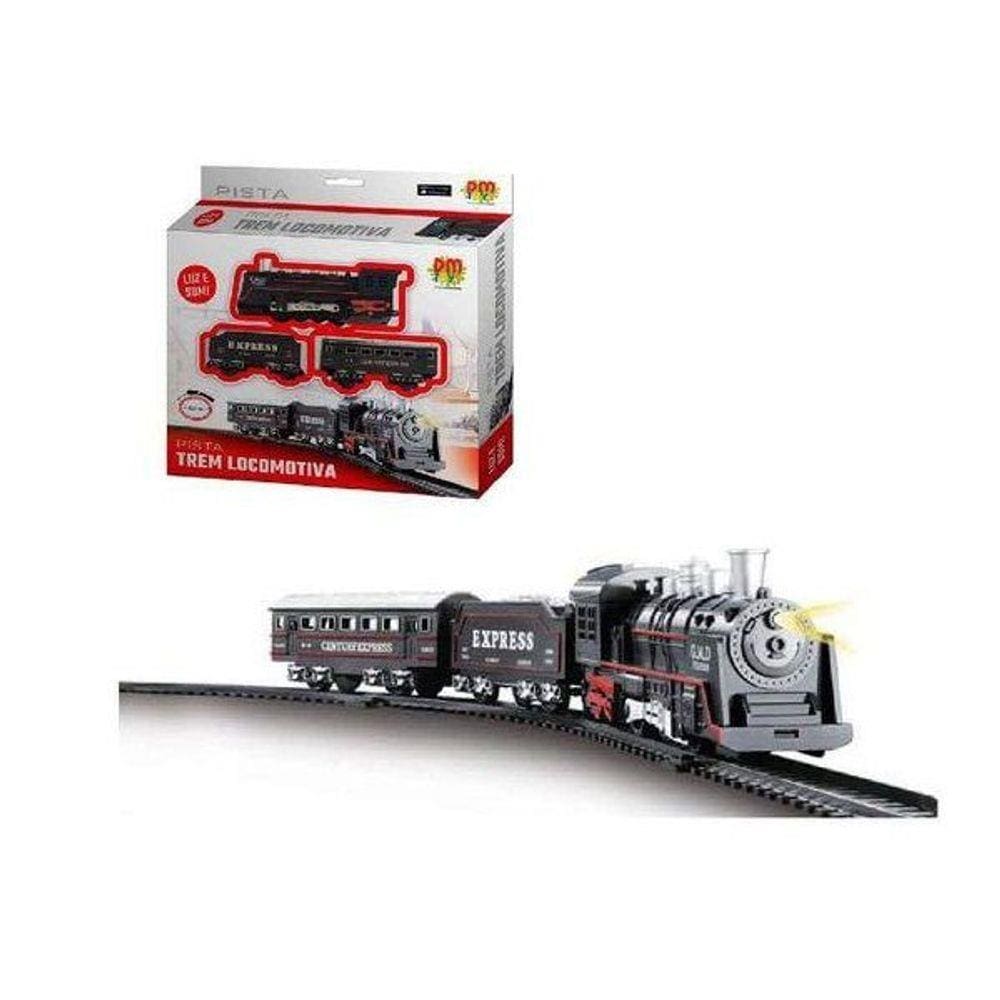 Pista Trem Locomotiva Infantil c/ 2 Vagoes Som e Luz dm Toys