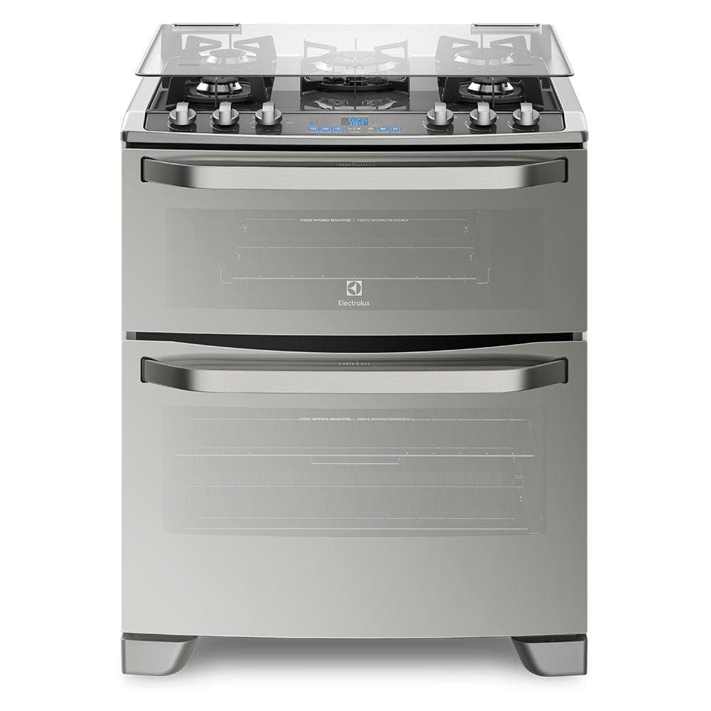 Fogão 5 Bocas Electrolux Prata com Mesa de Vidro e Forno Duplo (76DXV) - 220V