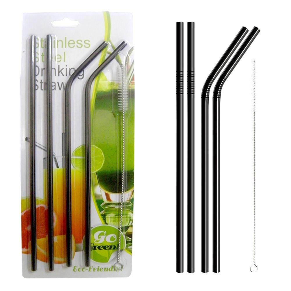 Canudos Aço Inox Metal Preto Kit 4 Reutilizaveis Retos Curvos Escova Limpeza