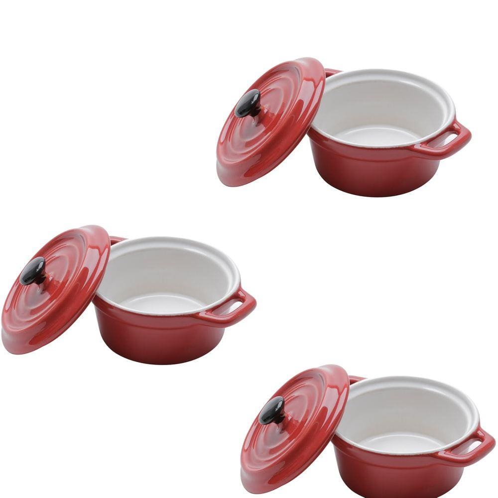 Conjunto de 3 mini panelas redondas porcelana Vermelha - 12,7cm
