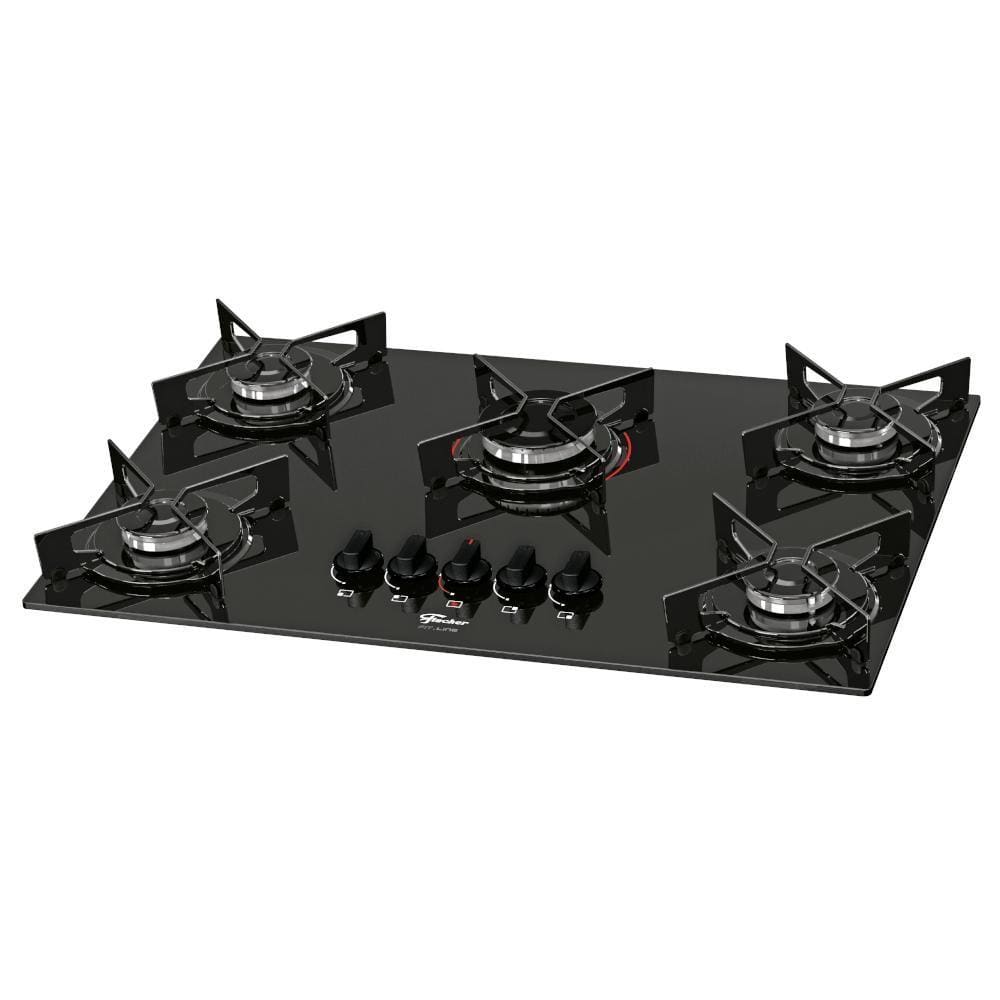 Cooktop 5 Bocas Fischer Fit Line a Gás com Mesa de Vidro Temperado