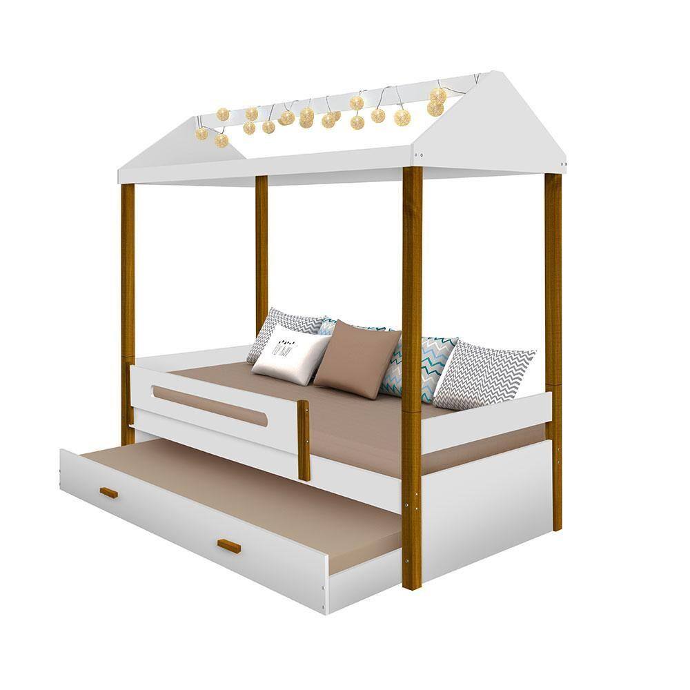 Cama casa montessoriana com colchão, cama auxiliar e LED Sara solteiro - BRANCO