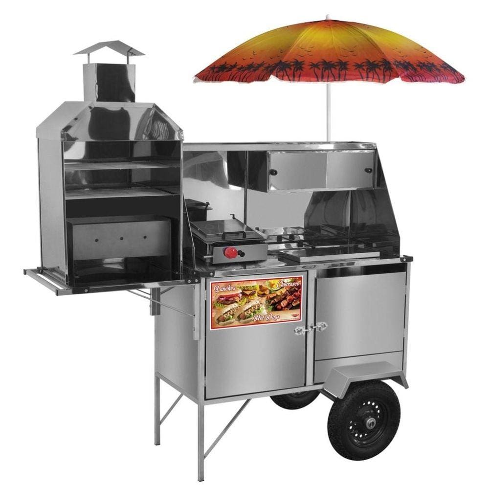 Carrinho de Hot Dog + Lanche + Churrasco Luxo com Rodas Pneumáticas e Guarda Sol - Cefaz