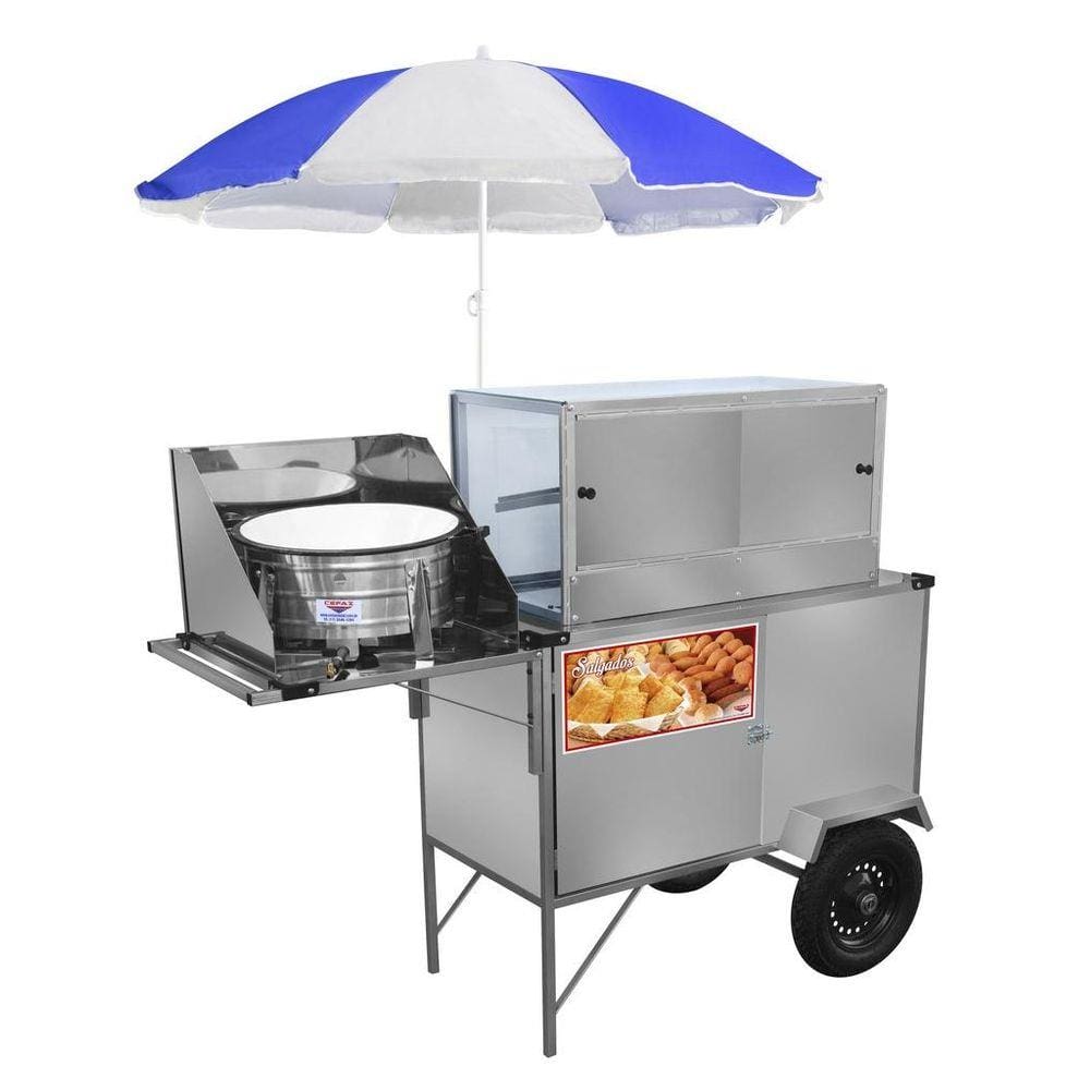 Carrinho de Hot Dog + Lanche + Salgado com Rodas Pneumáticas e Guarda Sol - Cefaz