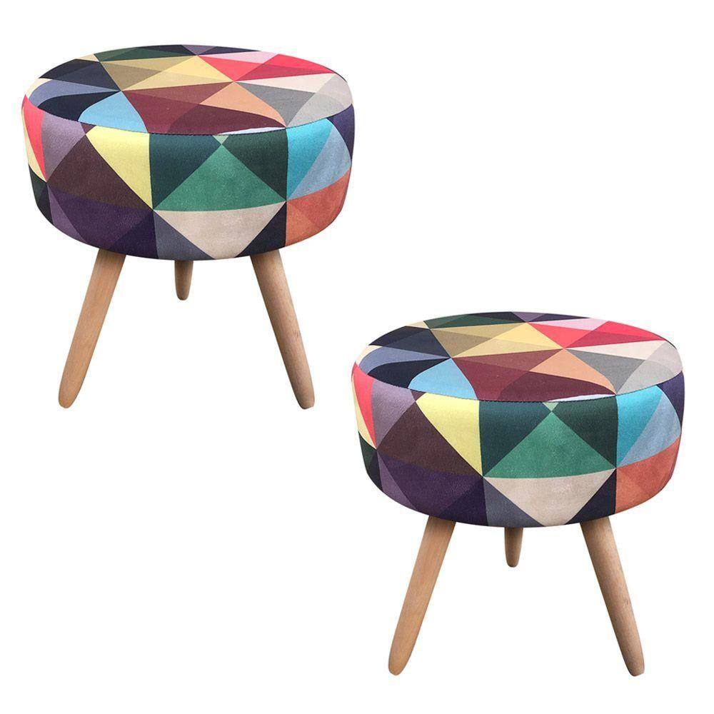 Kit 02 Puff Banqueta Berlim Redondo Estampado Triângulo Pés Natural