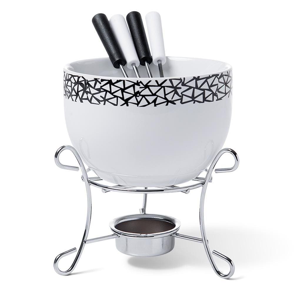Conjunto para Fondue Brinox 6 peças Recipiente em Cerâmica Branco Decorado