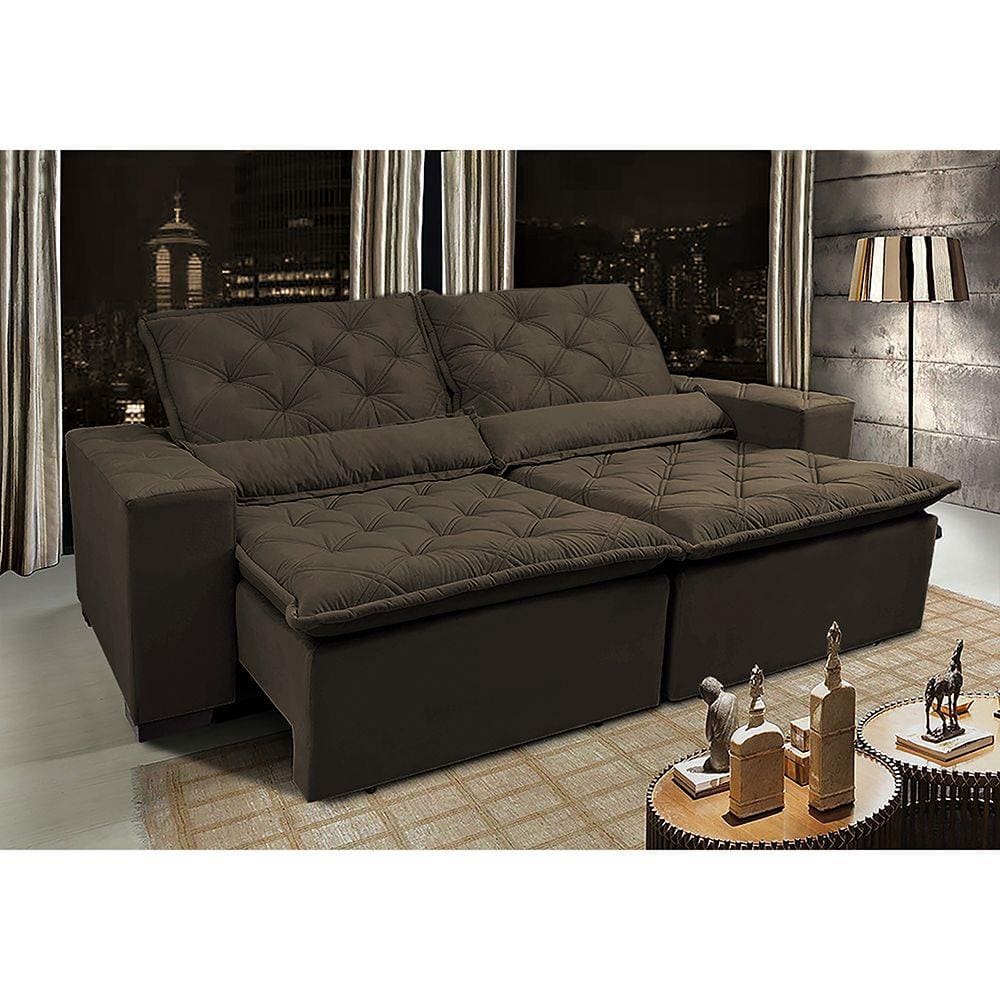 Sofá Lisboa 3,12m Retrátil, Reclinável com Molas no Assento Tecido Suede Velusoft Café - Cama InBox