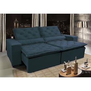 Sofá Lisboa 2,32m Retrátil, Reclinável com Molas no Assento Tecido Suede Velusoft Azul - Cama InBox