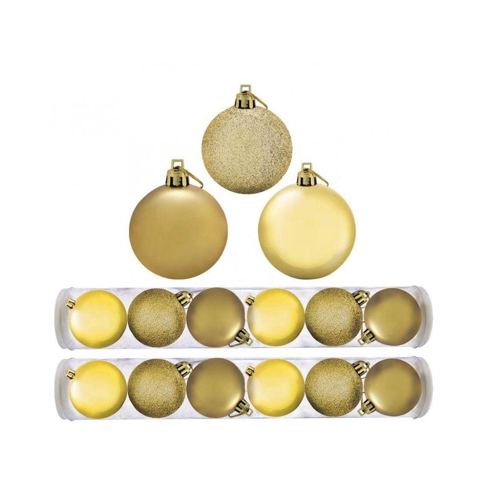 Kit Bola De Natal Mista Dourado 12 Unidades 8cm - Riomaster