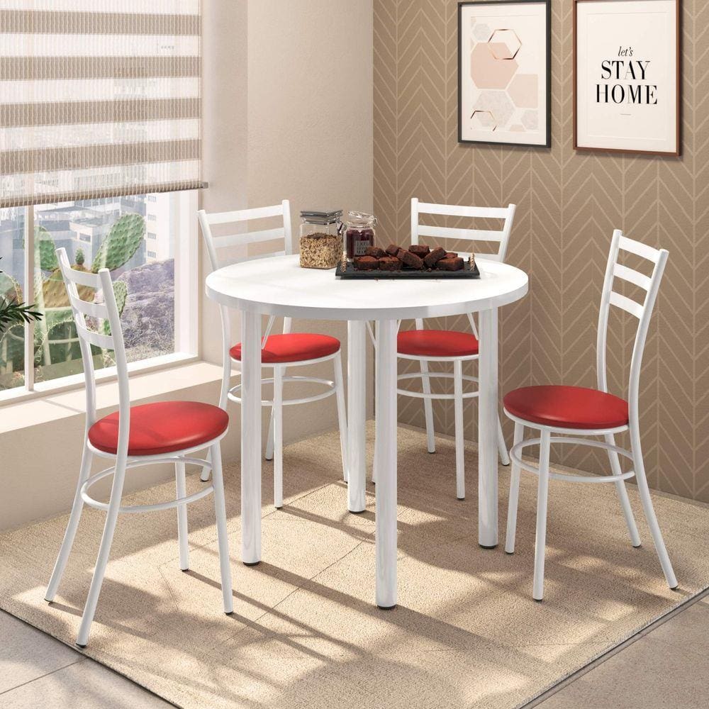 Conjunto Sala de Jantar Mesa Veneza Tampo MDP 960 e 4 Cadeiras Tubulares 950 Bona Vita Móveis Branco/Vermelho