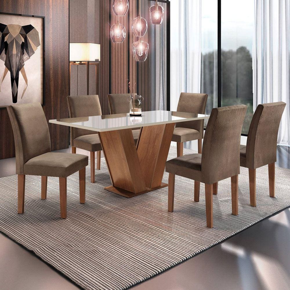 Conjunto Sala de Jantar Mesa Safira 180cm 6 Cadeiras Rufato com Vidro