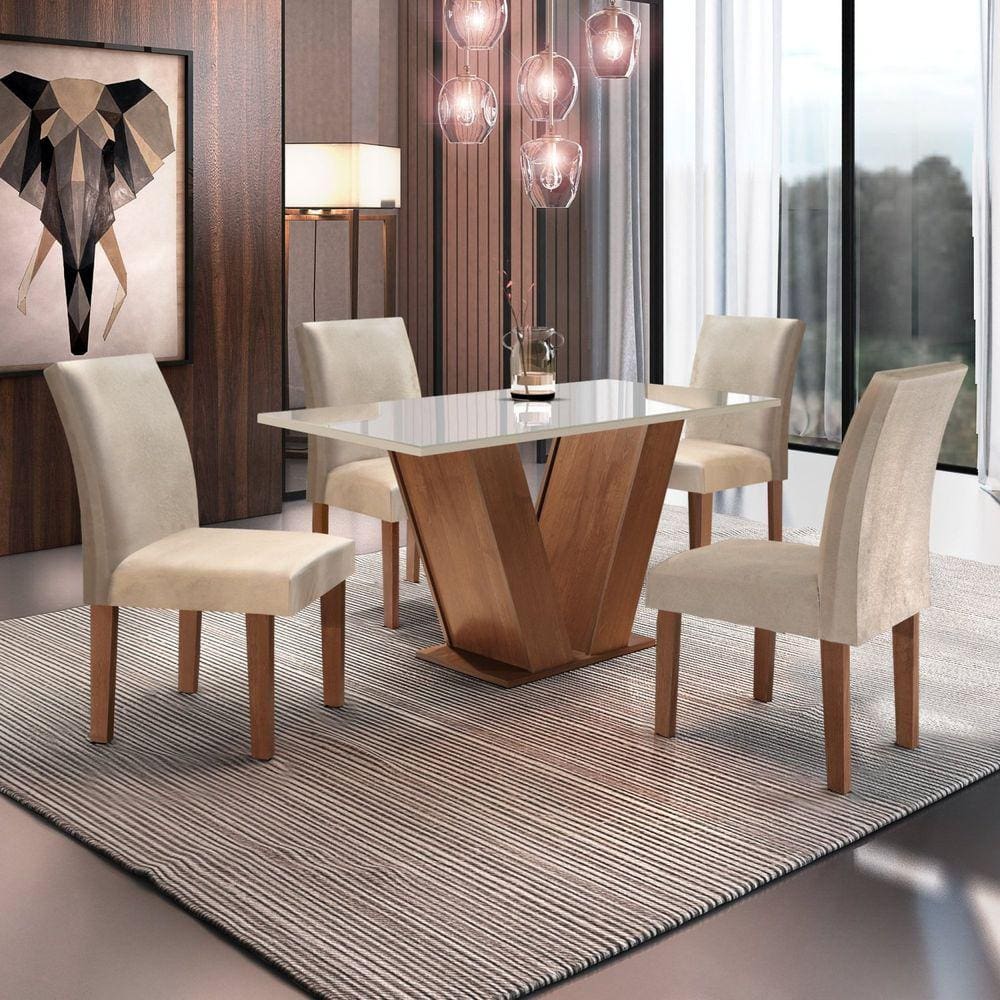 Conjunto Sala de Jantar Mesa Tampo Slim Plus Vidro 120x90cm com 4 Cadeiras  Elis Cel Móveis