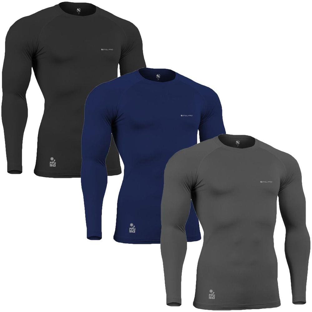 Kit C/ 3 Camisas de Compressão Térmica Stigli Pro Proteção Solar FPU50+ Manga Longa Poliamida