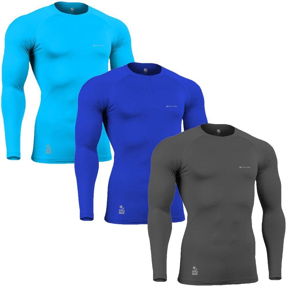 Kit C/ 3 Camisas de Compressão Térmica Stigli Pro Proteção Solar FPU50+ Manga Longa Poliamida