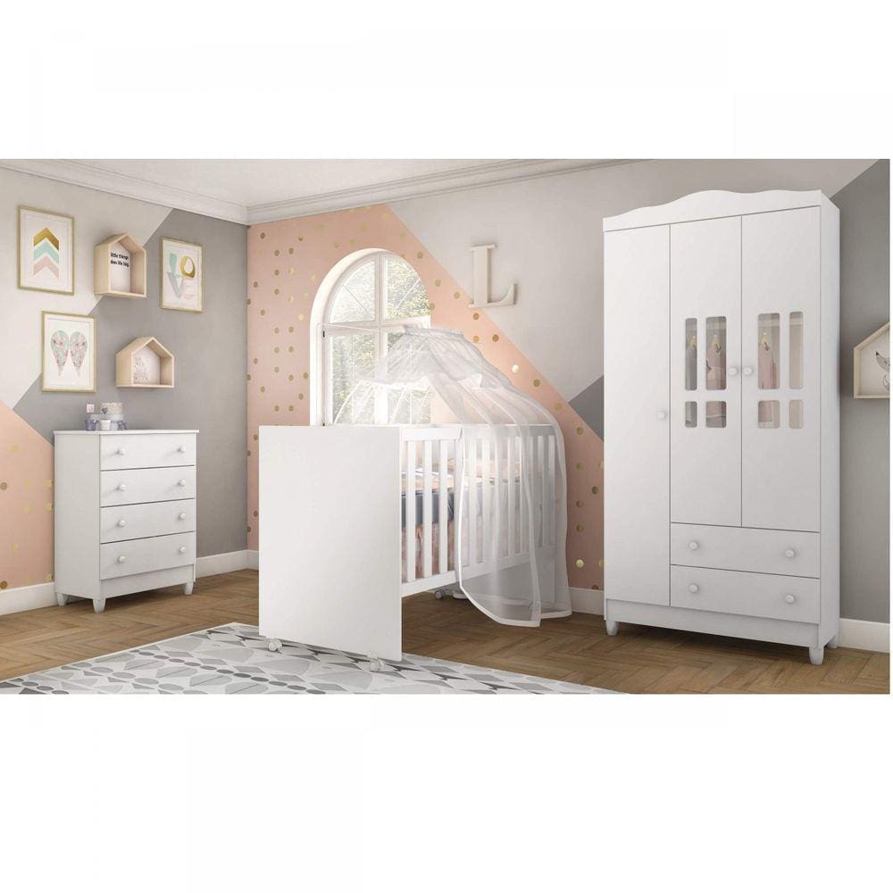 Quarto de Bebê Completo 3 Portas com Comoda 4 Gavetas Lidi Carolina Baby Barrique/Branco Brilho