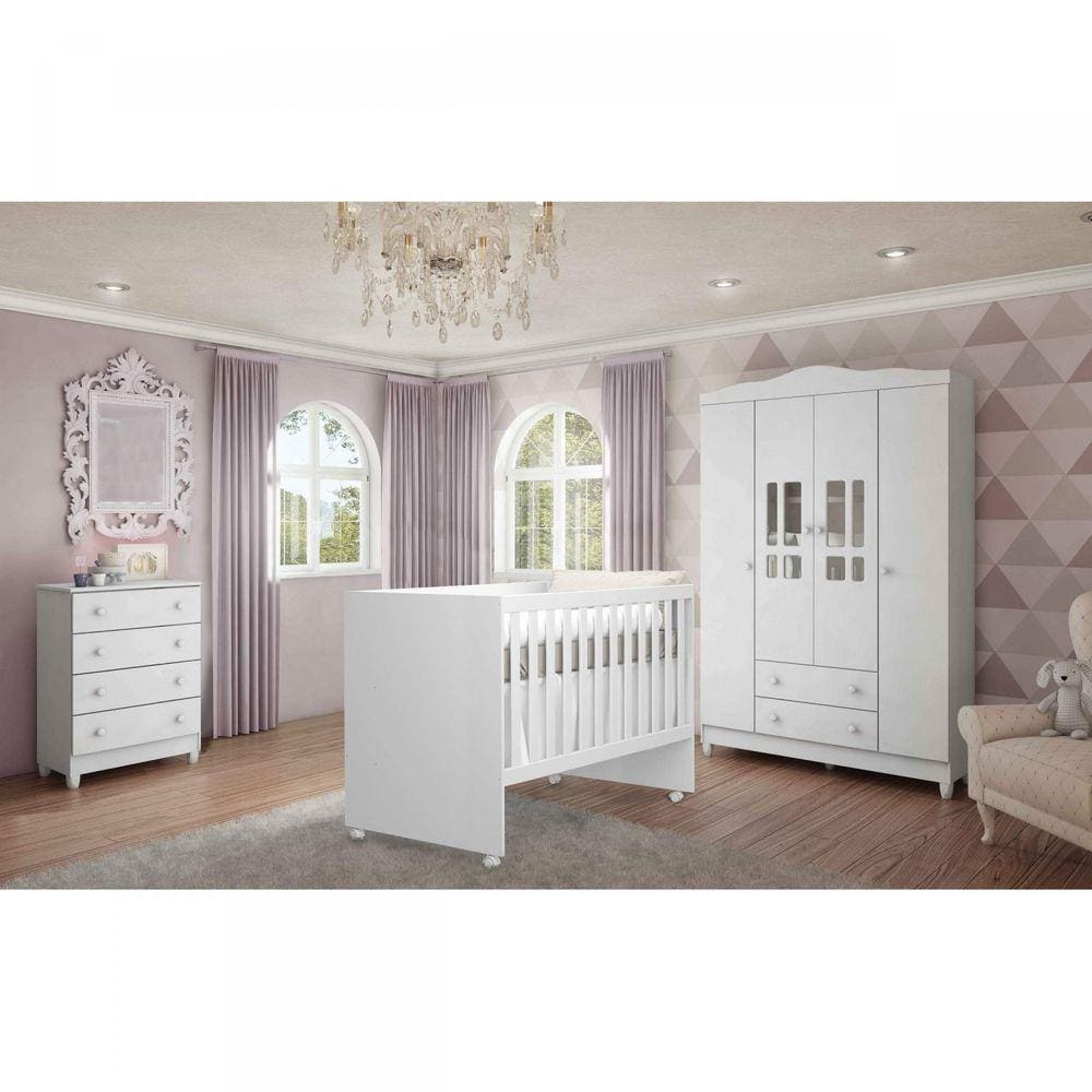 Quarto de Bebê Completo 4 Portas com Cômoda 4 Gavetas Lidi Carolina Baby Barrique/Branco Brilho