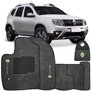 Jogo Tapete Automotivo Carpete + Lixeira Duster 2016 à 2019 Soft Logo Bordado Grafite 6 Peças