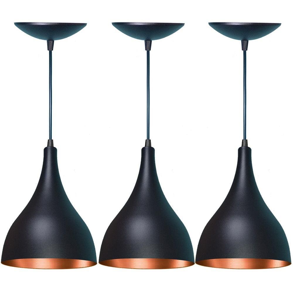 Kit 3 Lustres Balcão Cozinha Americana Preta Fosca e Cobre