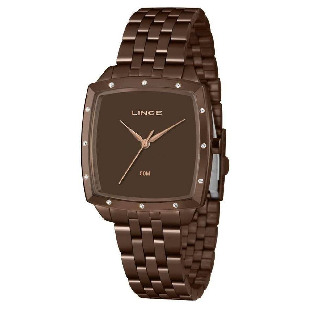 Relogio Feminino Quadrado Marrom Lince com Pedras LQB620L