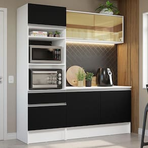 Cozinha Compacta Madesa Diamante com Armário, Balcão e Tampo - Branco/Preto